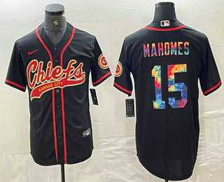 Mens Kansas City Chiefs #15 Patrick Mahomes Black Multi Color With Patch Cool Base Stitched Baseball Jersey